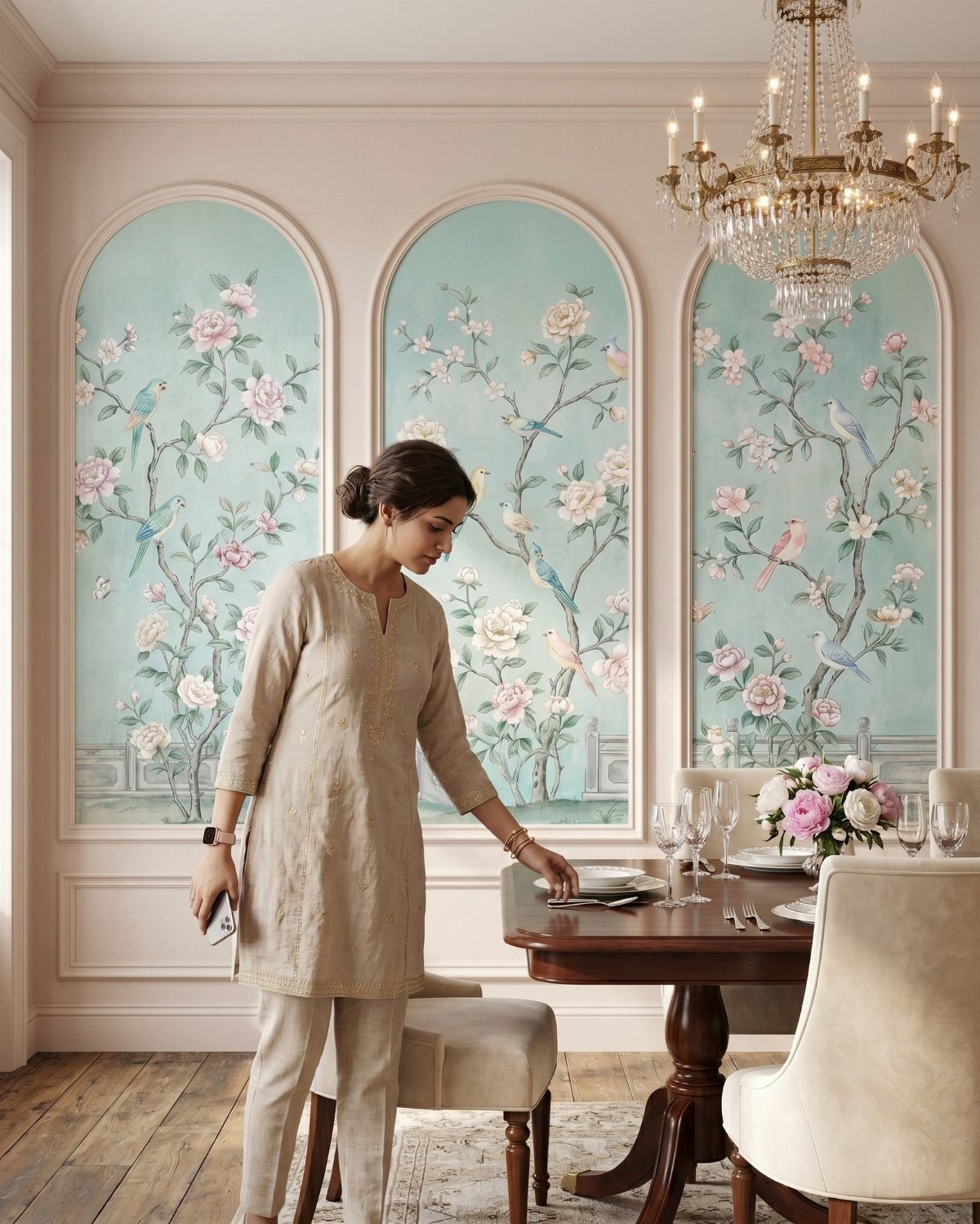 Woman standing by a dining table against arched floral wallpaper wall treatments.