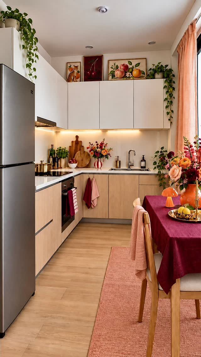 Dining table with burgundy cloth and floral arrangements in a narrow kitchen space.