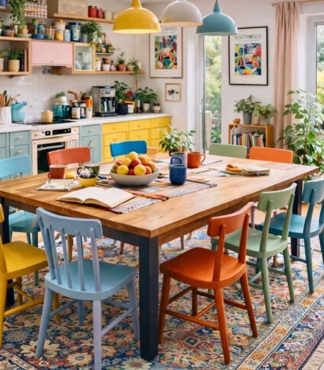 Wooden dining table surrounded by colorful mismatched chairs in a vibrant kitchen setting.