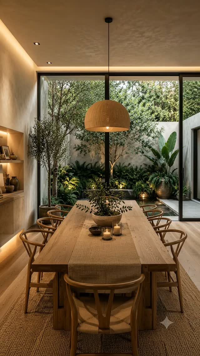 Wooden dining table and chairs positioned next to a large glass garden window.