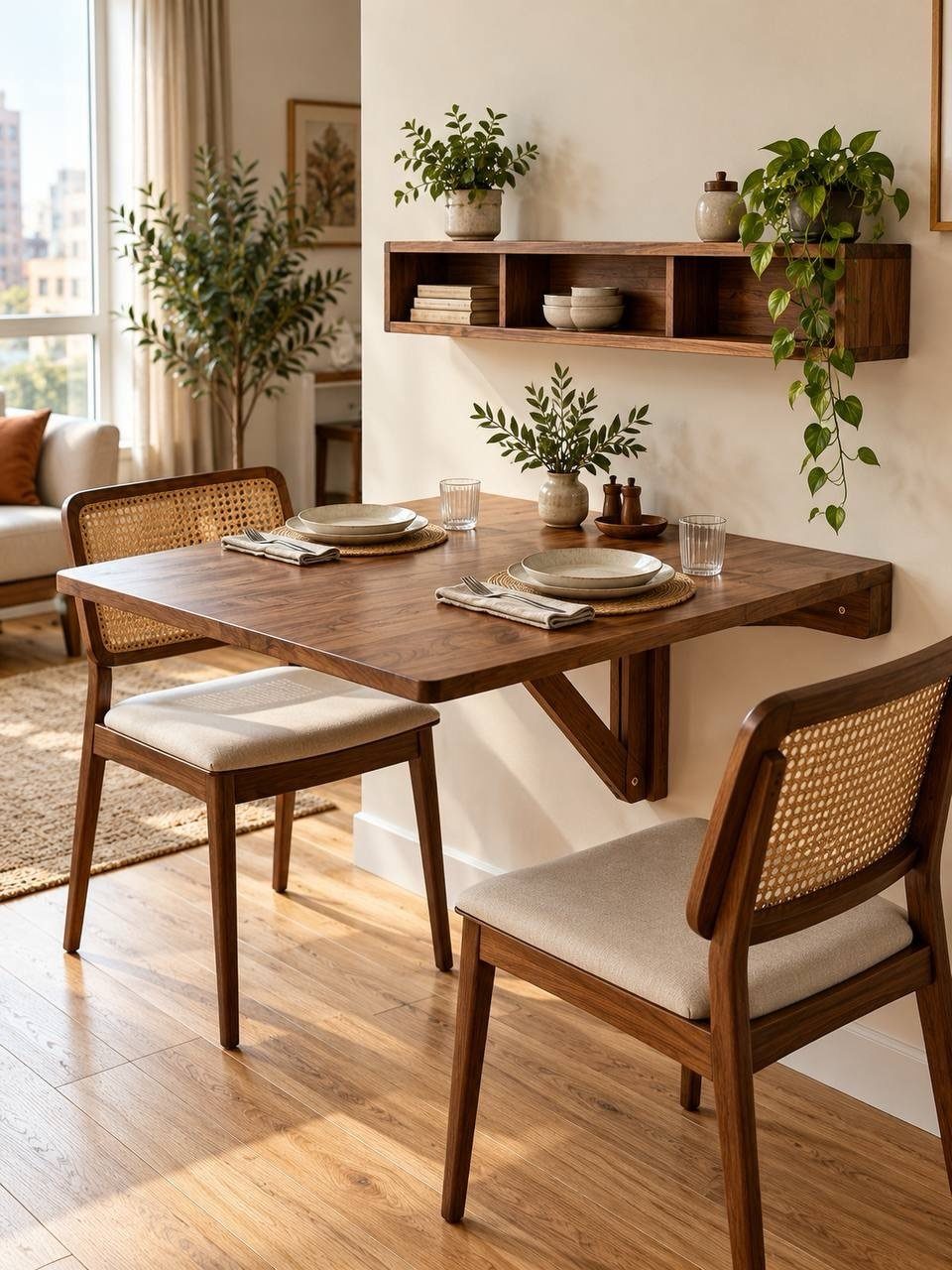 Wooden dining table and chairs with a floating shelf holding plants above.
