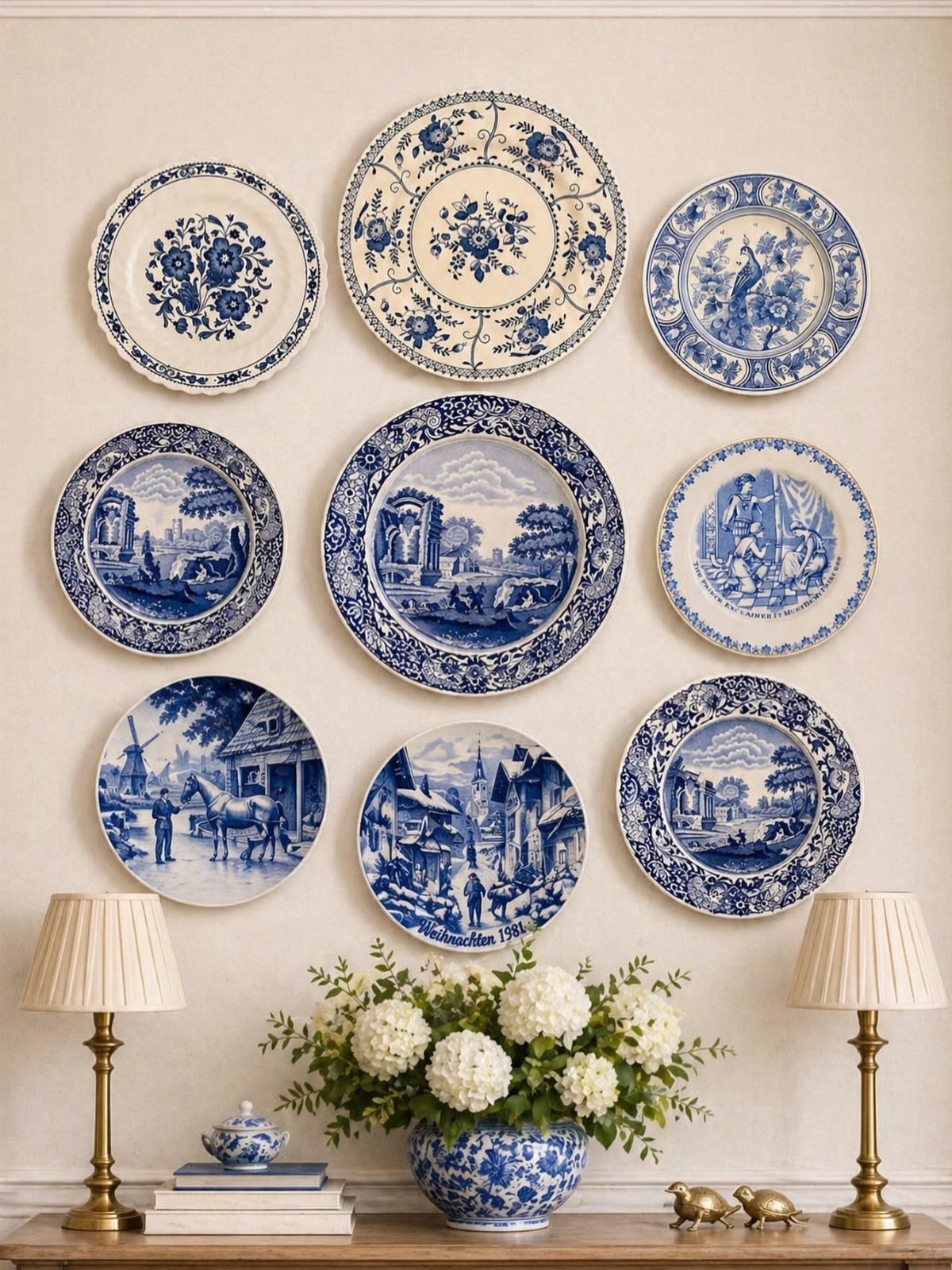 Blue and white patterned ceramic plates arranged as wall art above a console table.
