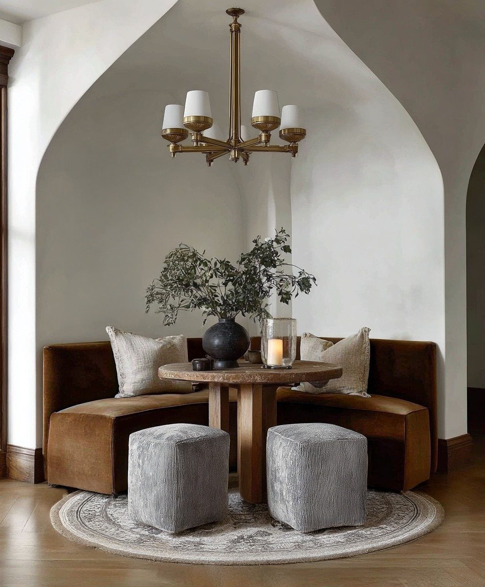 Brown velvet banquette and round wooden table with textured grey ottomans and rug.