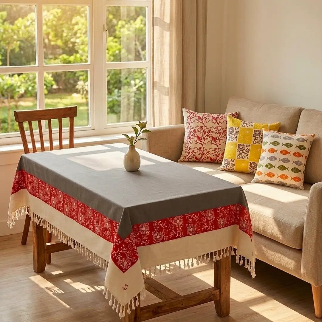 Dining table with patterned tablecloth and sofa with mixed pattern colorful throw pillows.