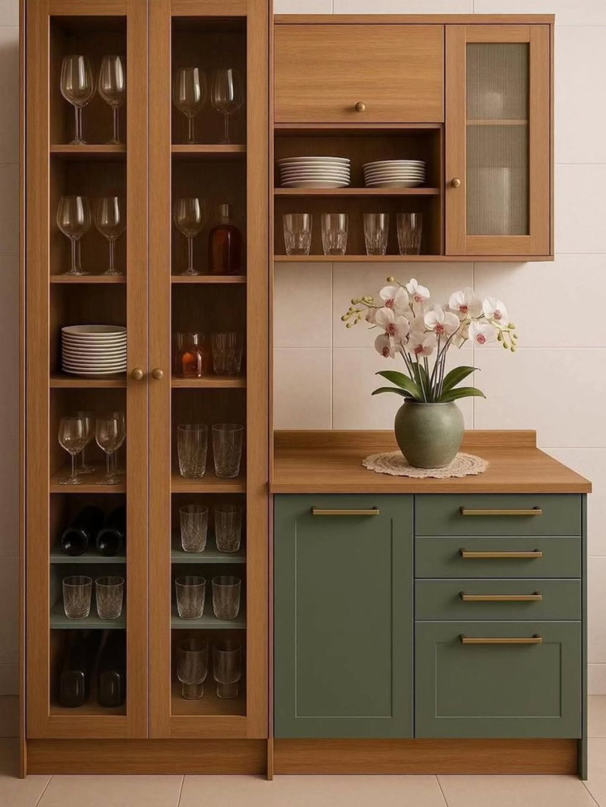 Wooden kitchen hutch with glass cabinets, green base, and white orchids on top.