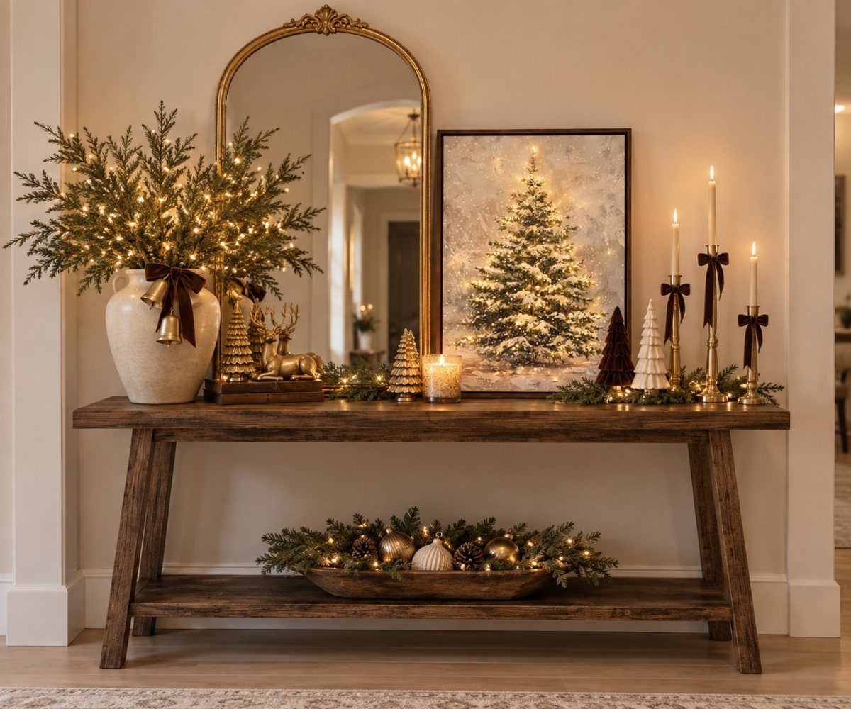 Christmas decorations on a rustic wooden console table with lights and greenery