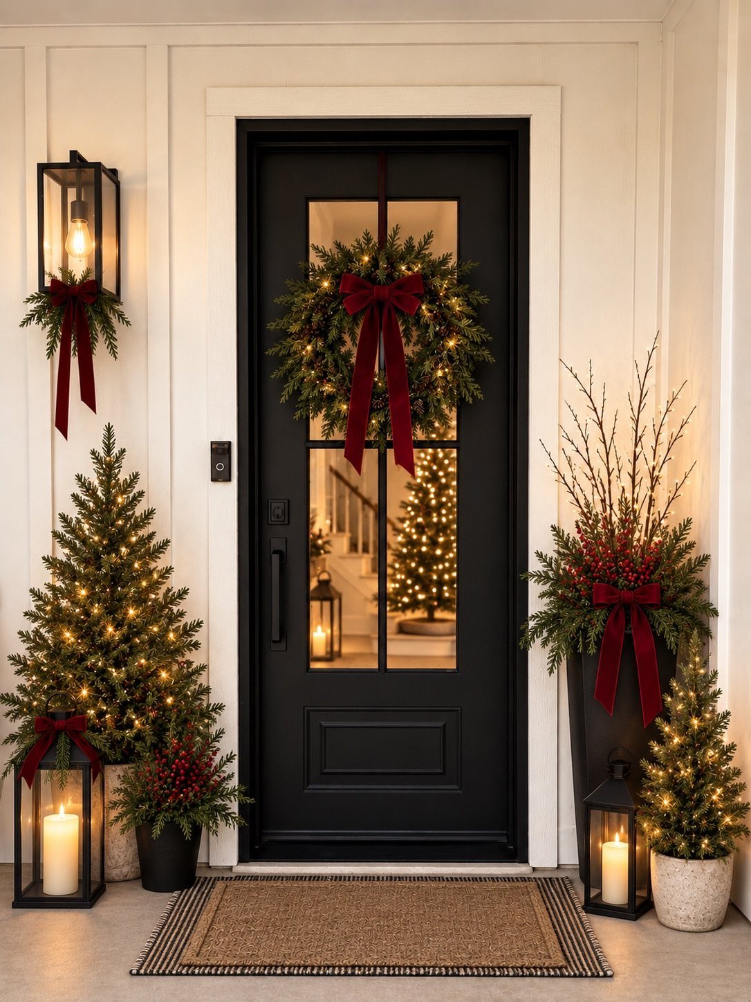 Decorated black front door with a wreath, small lit trees, and lanterns on porch.