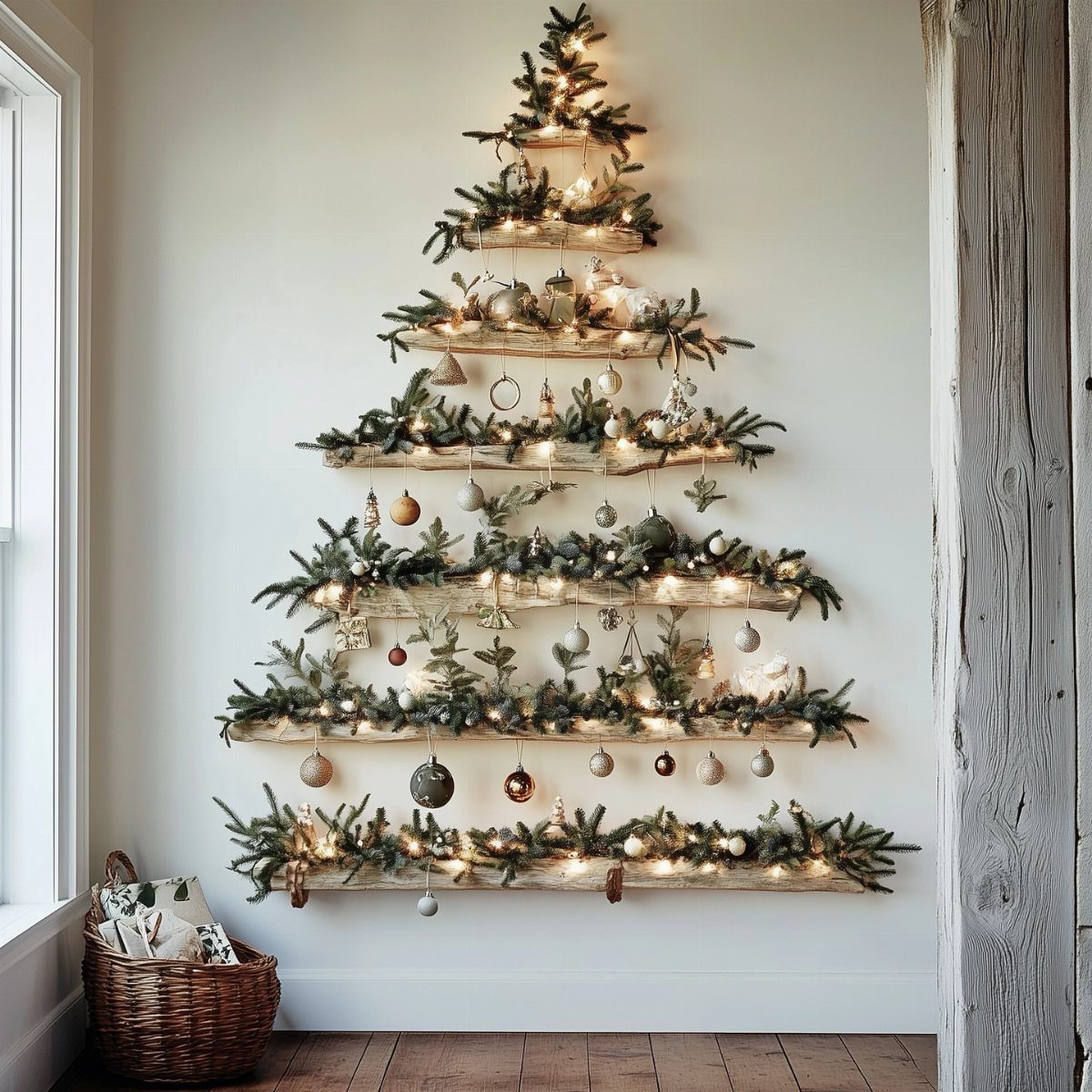 Wall tree made of wooden shelves decorated with pine branches and Christmas ornaments.