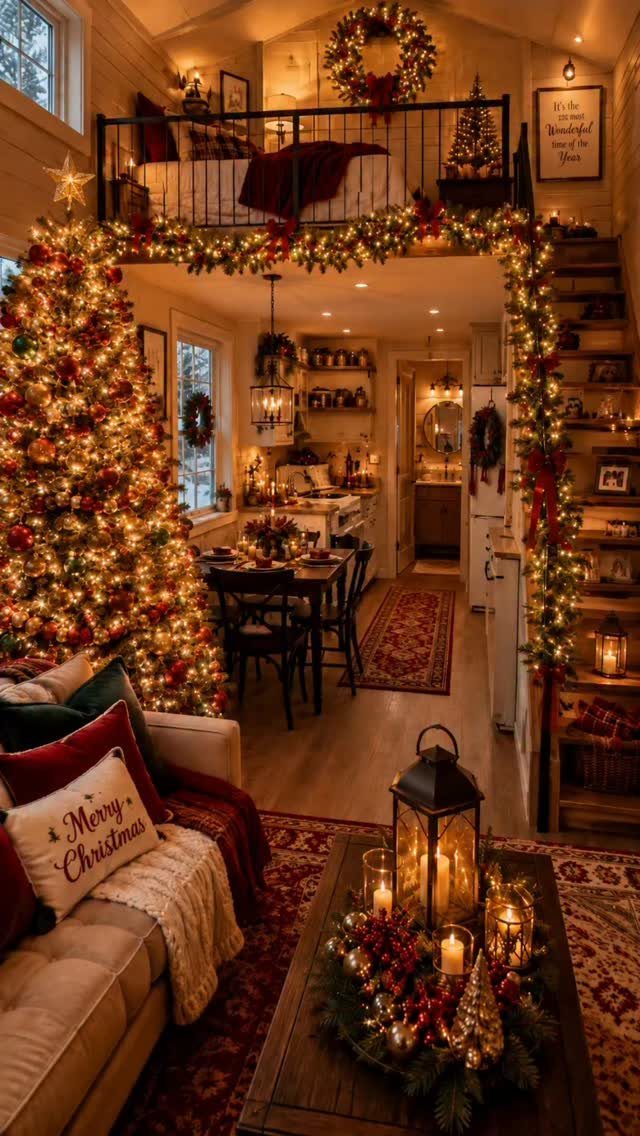 Cozy small home interior with a large lit Christmas tree and festive garlands.