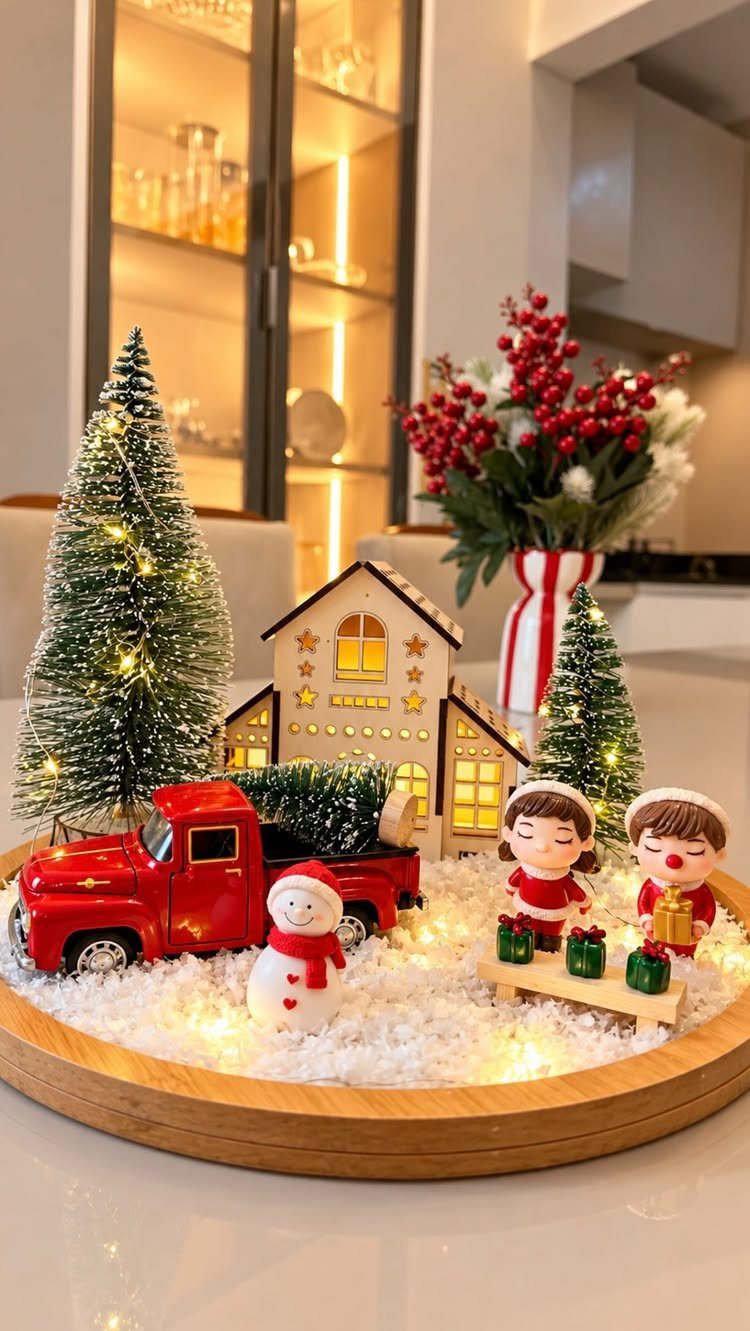 Christmas miniature scene with red truck and lit house on wooden tray