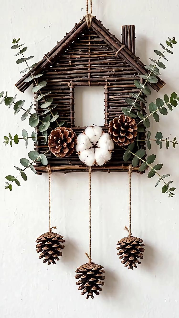 Twig house wall decoration with eucalyptus leaves, cotton bolls, and hanging pine cones.