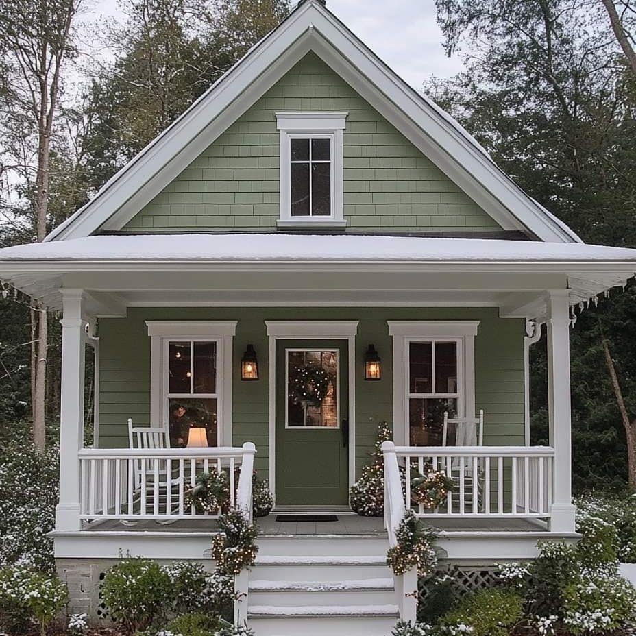 Green cottage with snow-covered porch decorated with Christmas greenery and white rocking chairs.