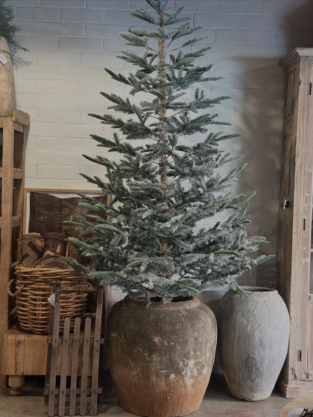 Frosted evergreen Christmas tree in a large rustic brown ceramic pot against brick wall