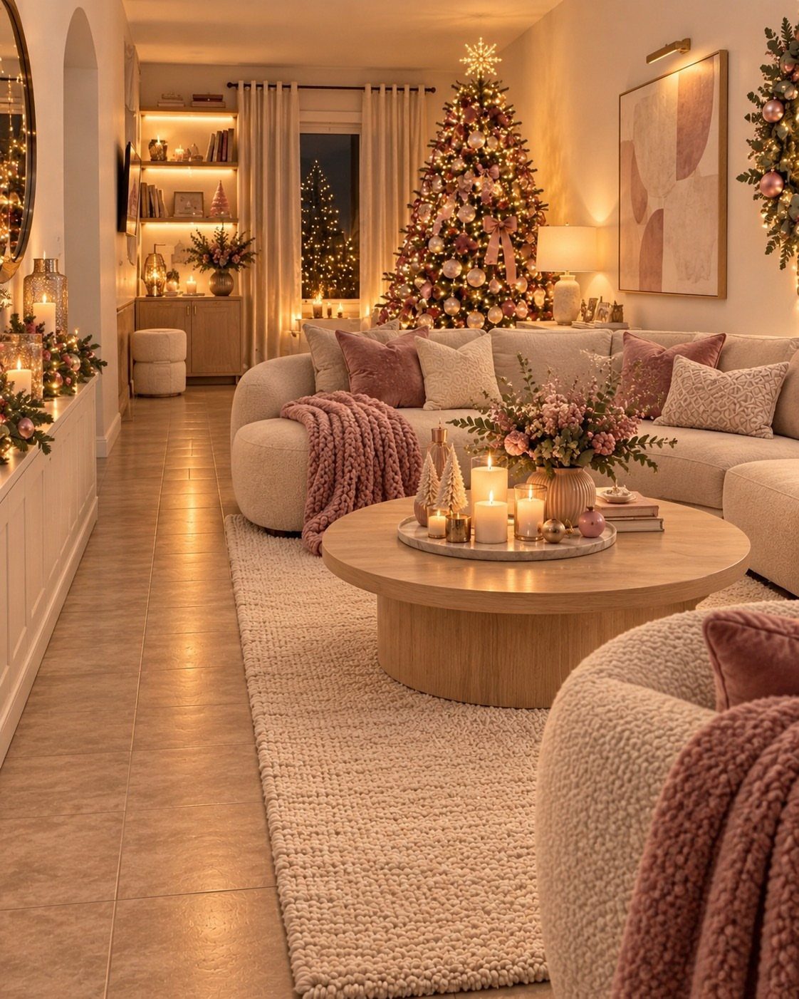 Cozy living room with pink and gold Christmas decorations, including a lit tree.
