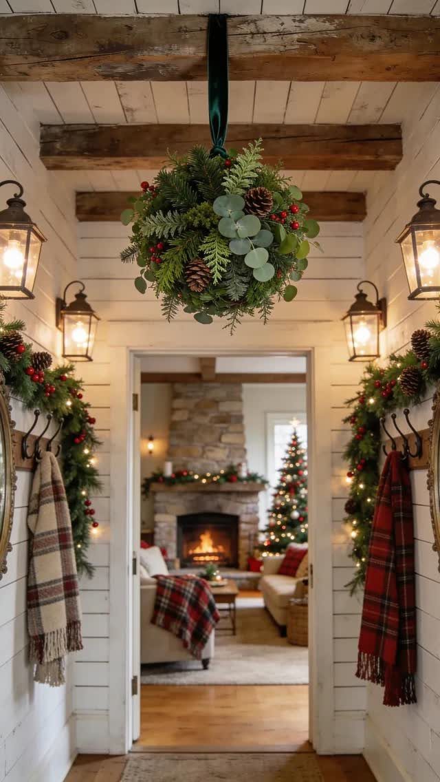 Rustic hallway with hanging wreath and lanterns leading to a decorated Christmas living room