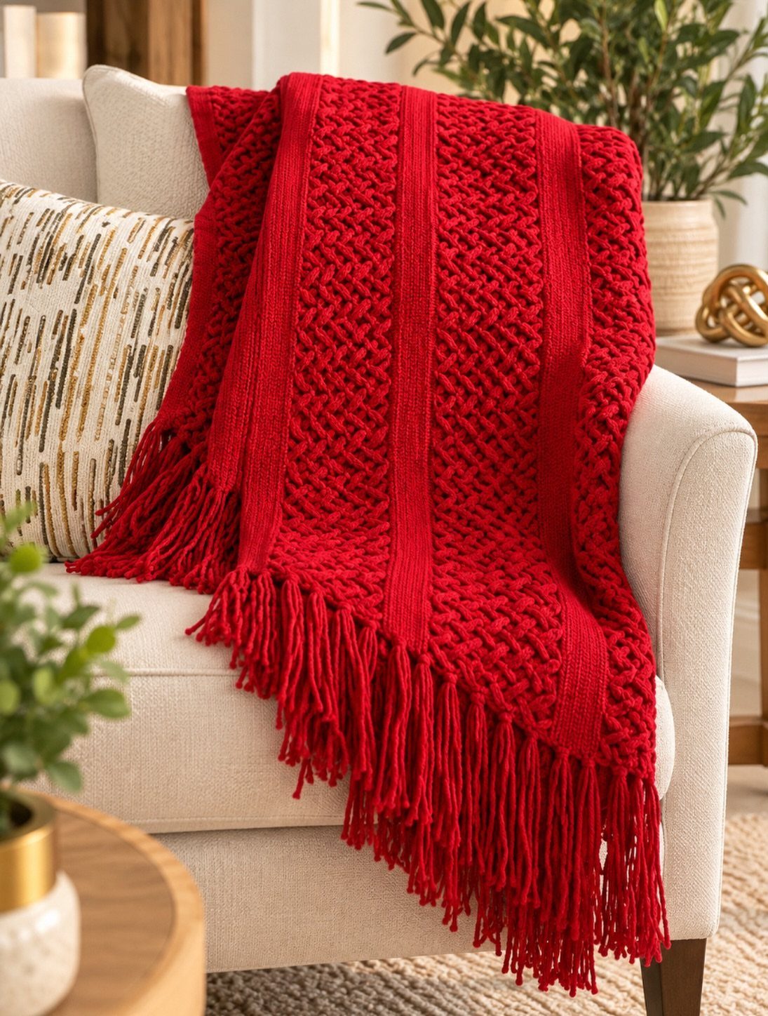 Red knitted throw blanket with fringe draped over a beige sofa with patterned pillow