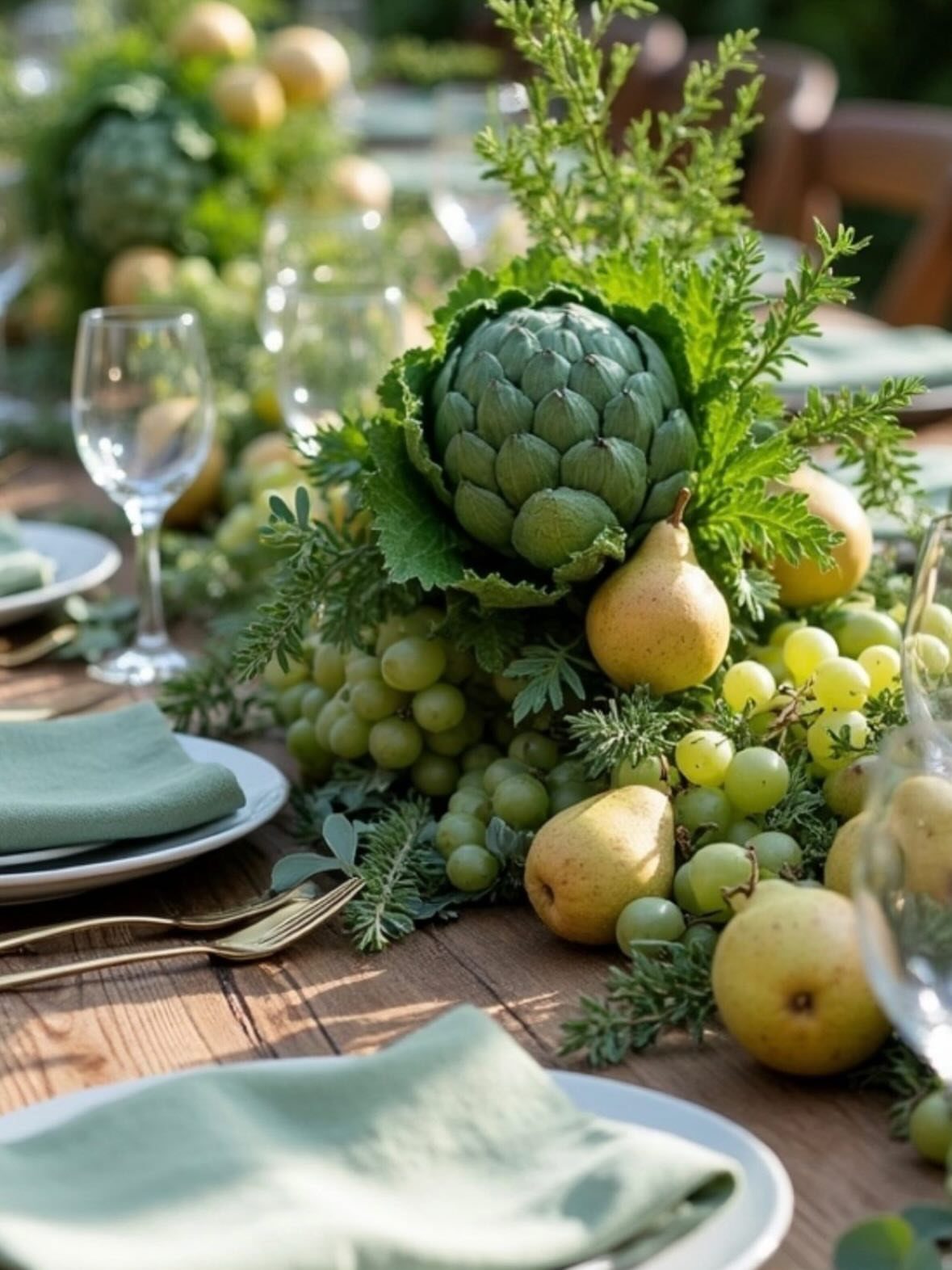 Artichokes, pears, and grapes arranged with evergreen branches on a wooden dining table.