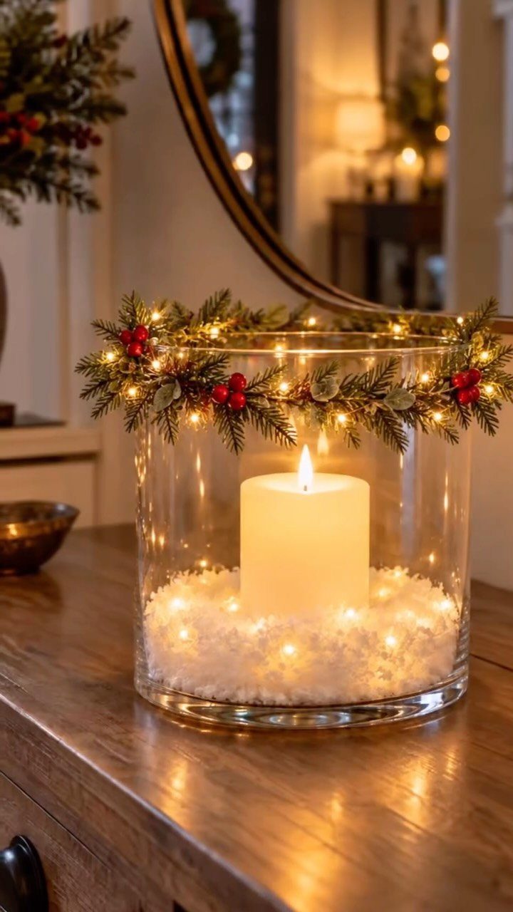 White pillar candle in a glass vase with faux snow and evergreen garland.