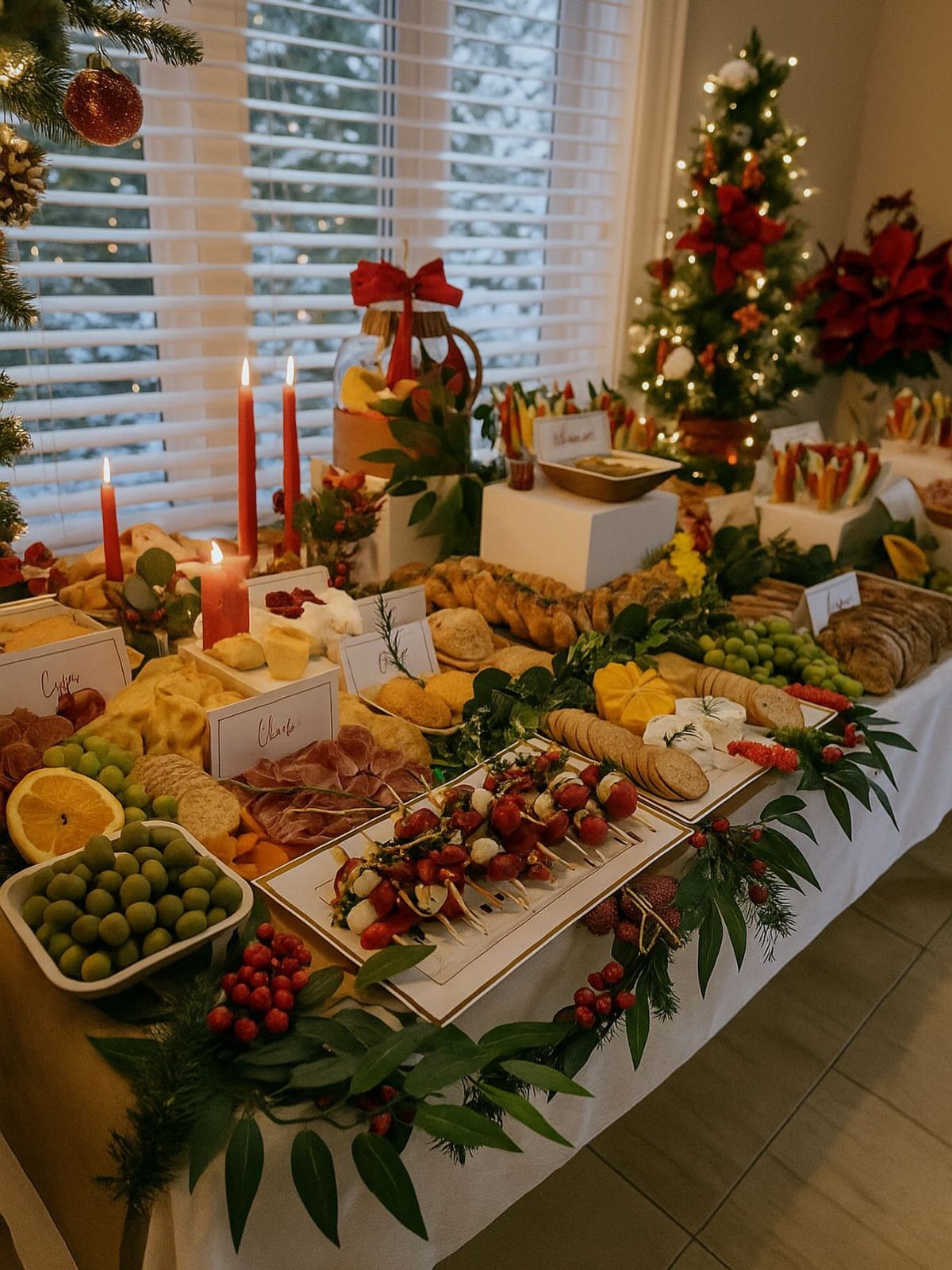 Festive charcuterie spread with meats, cheeses, and fruits on a white holiday table.
