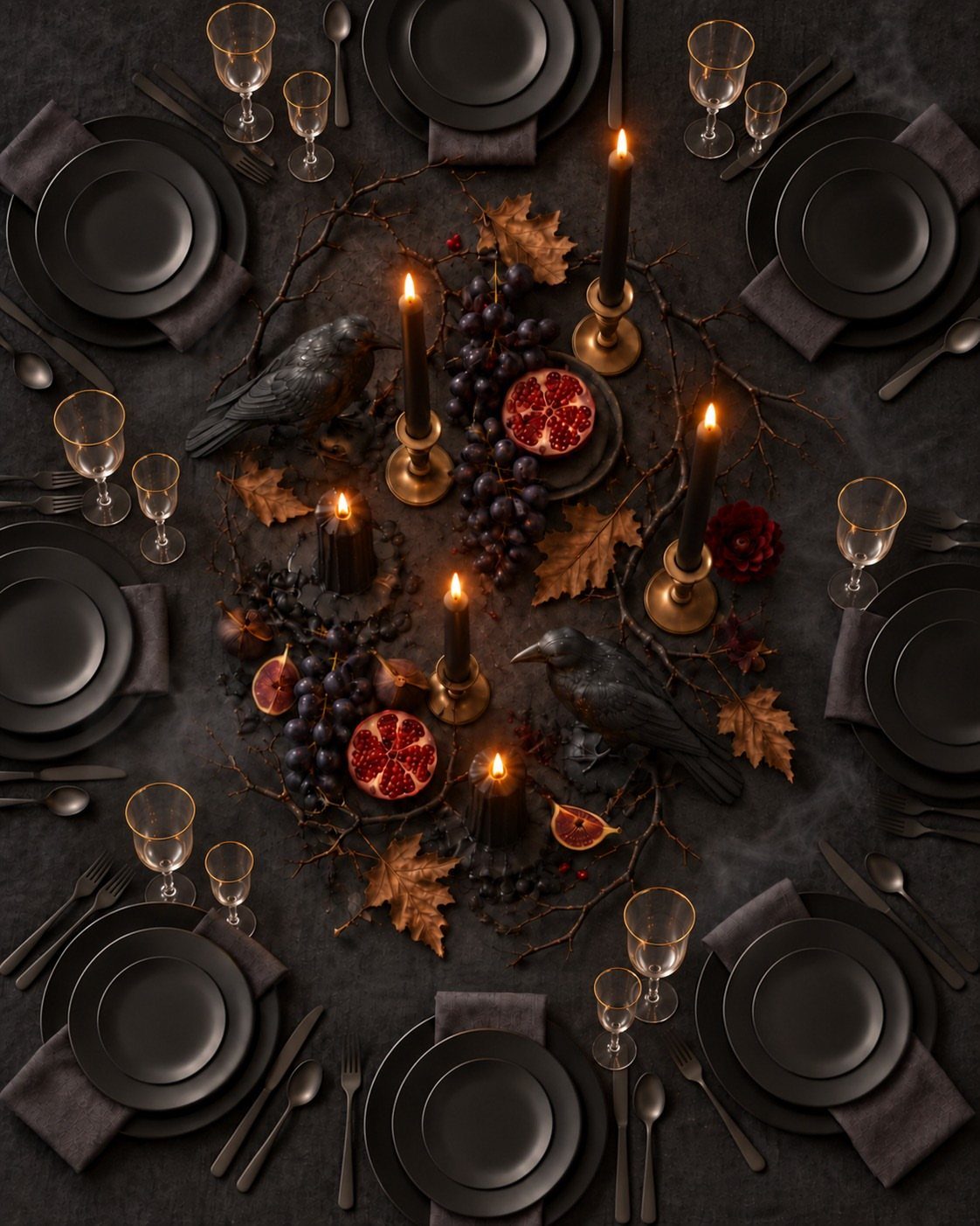 Dark table setting with charcoal taper candles, pomegranates, grapes, and black crows.