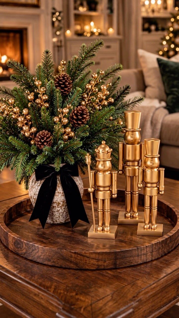 Evergreen arrangement with gold berries and nutcrackers on a wooden tray centerpiece