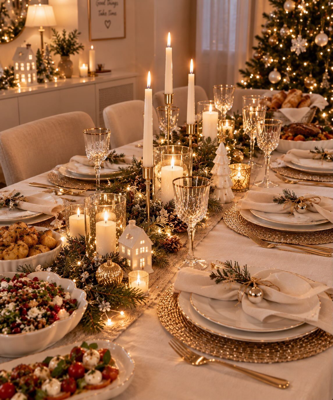 Christmas table centerpiece with evergreen branches, white candles, fairy lights, and festive dinnerware.