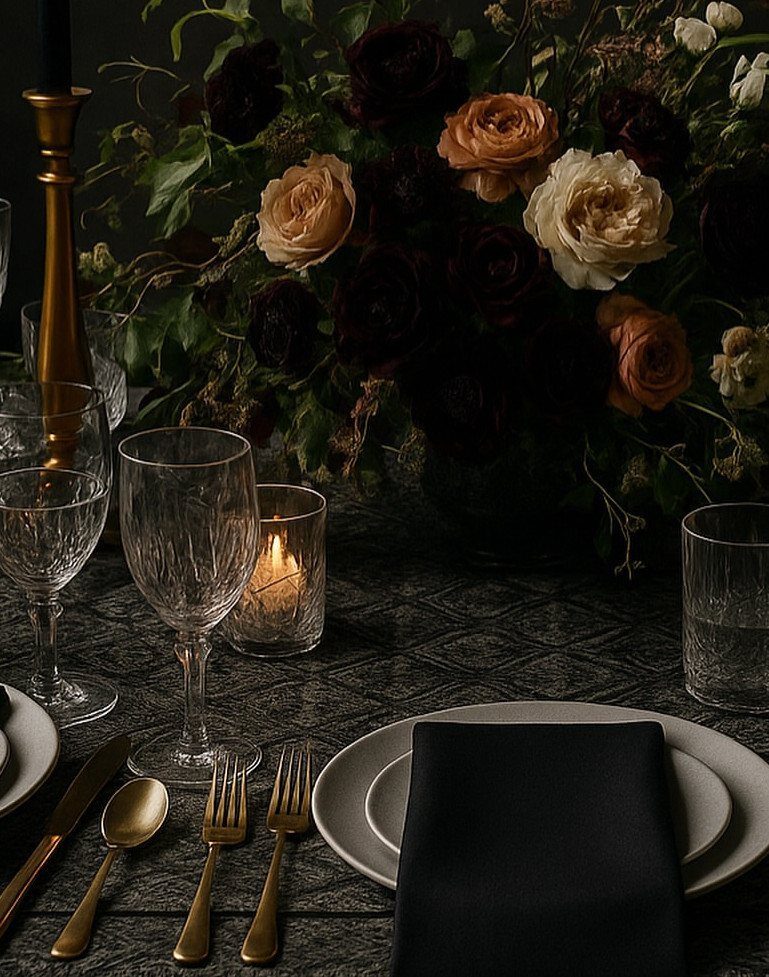 Dark floral centerpiece with roses and gold cutlery on a moody dinner table