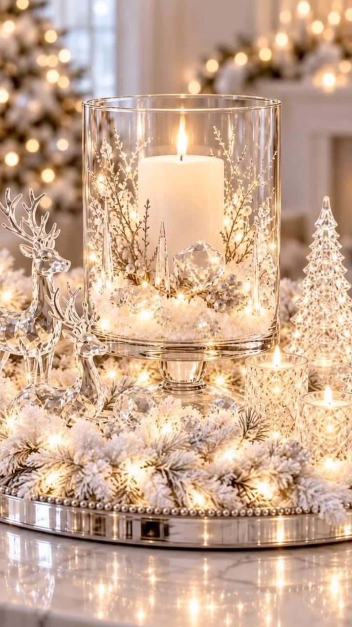 Christmas table centerpiece with a candle in glass, snowy branches, and silver reindeer.