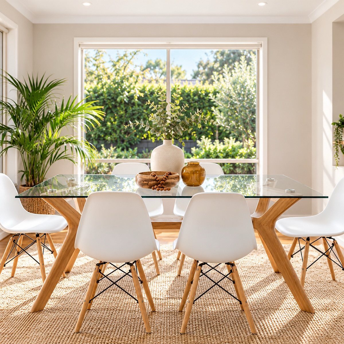 Glass-top dining table with white chairs in a bright room with large windows.
