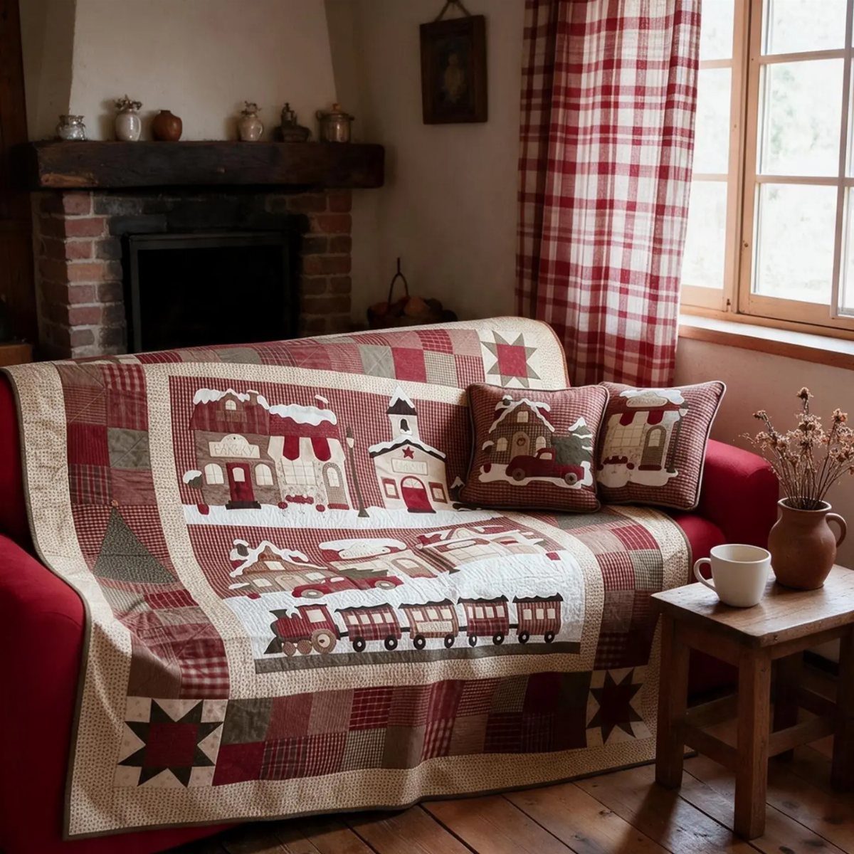 Red sofa with a vintage winter village quilt and matching decorative pillows.