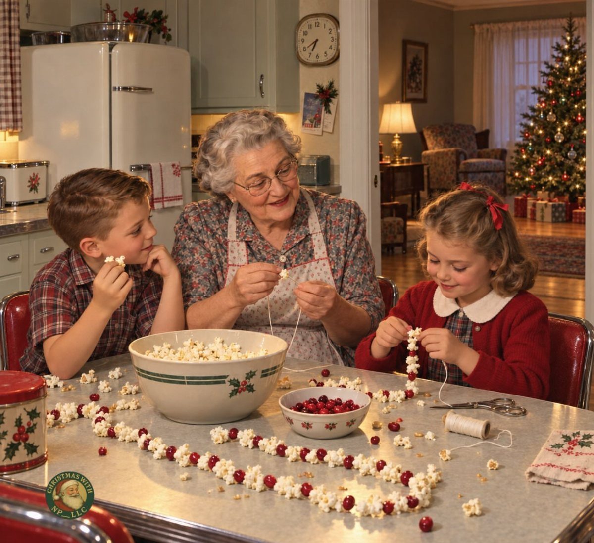Grandmother and grandchildren making popcorn and cranberry garlands at a kitchen table.