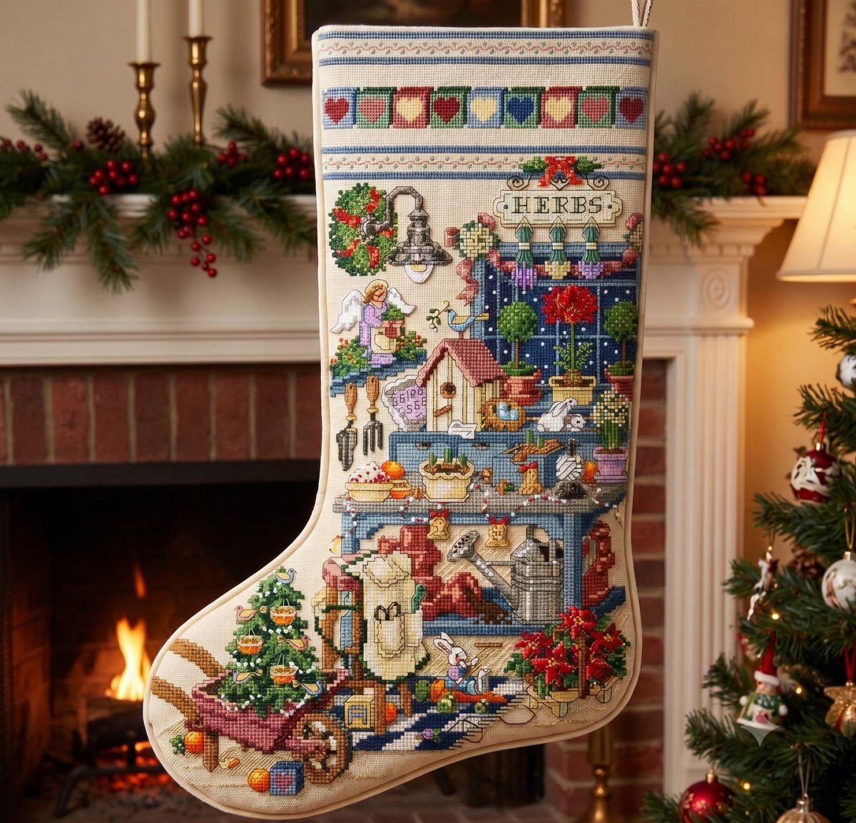 Needlepoint Christmas stocking with garden scene hanging on a white decorated mantelpiece