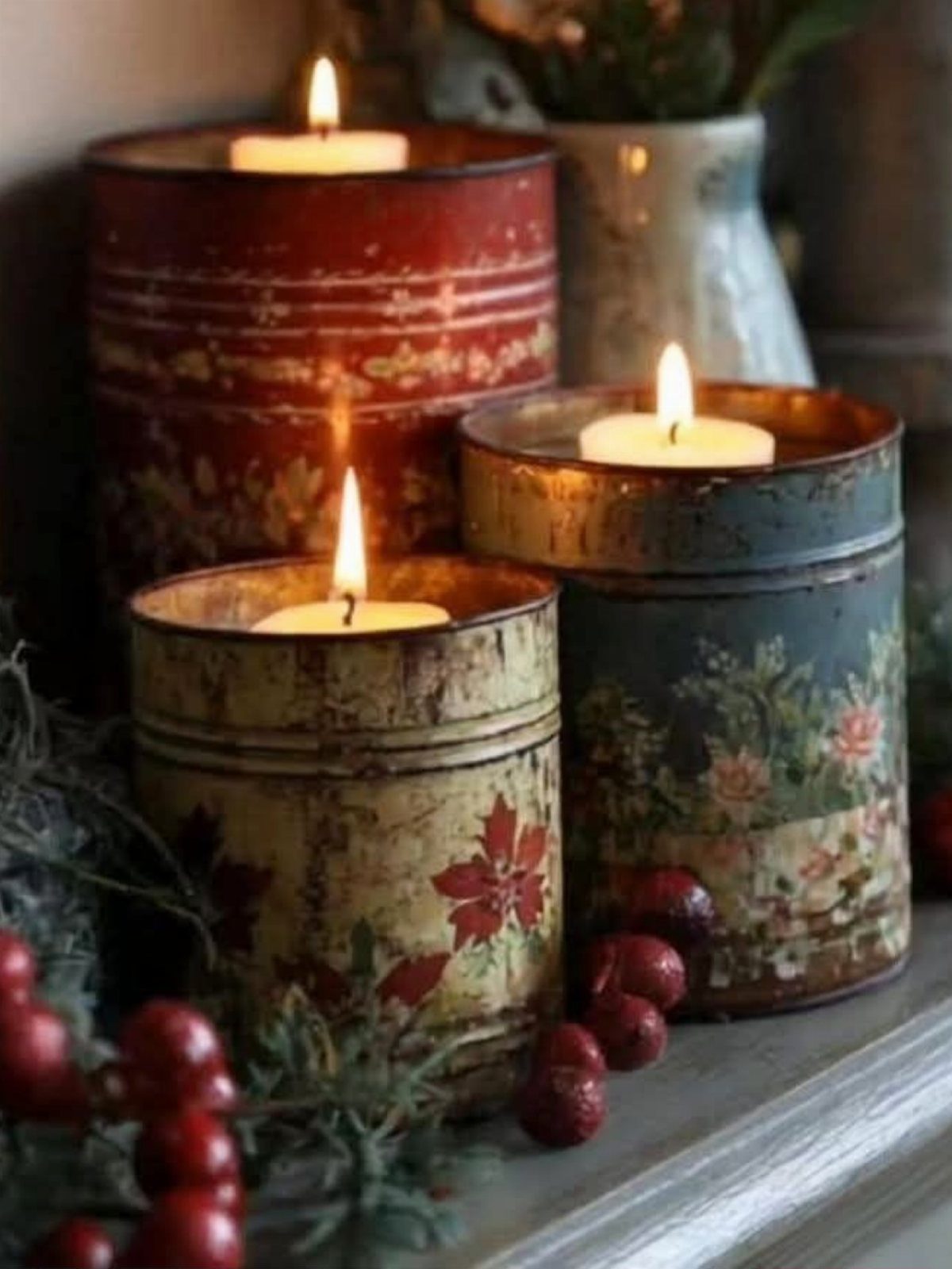 Vintage metal canisters holding lit tea light candles with red berries and greenery.