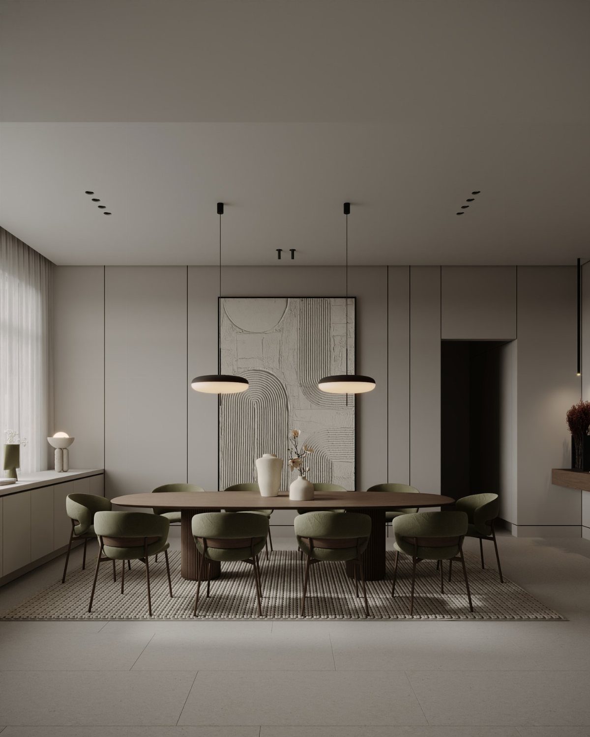 Oval wooden dining table with olive green chairs in a minimalist room.