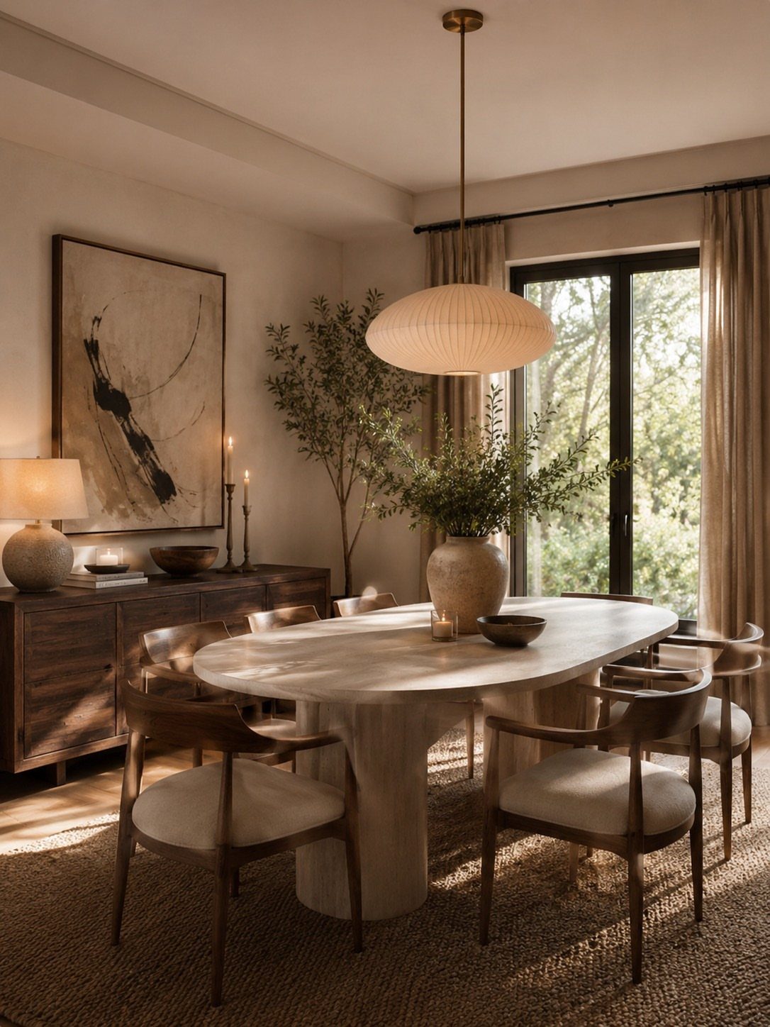 Dining room with a neutral color palette, white stone table, and wooden chairs.