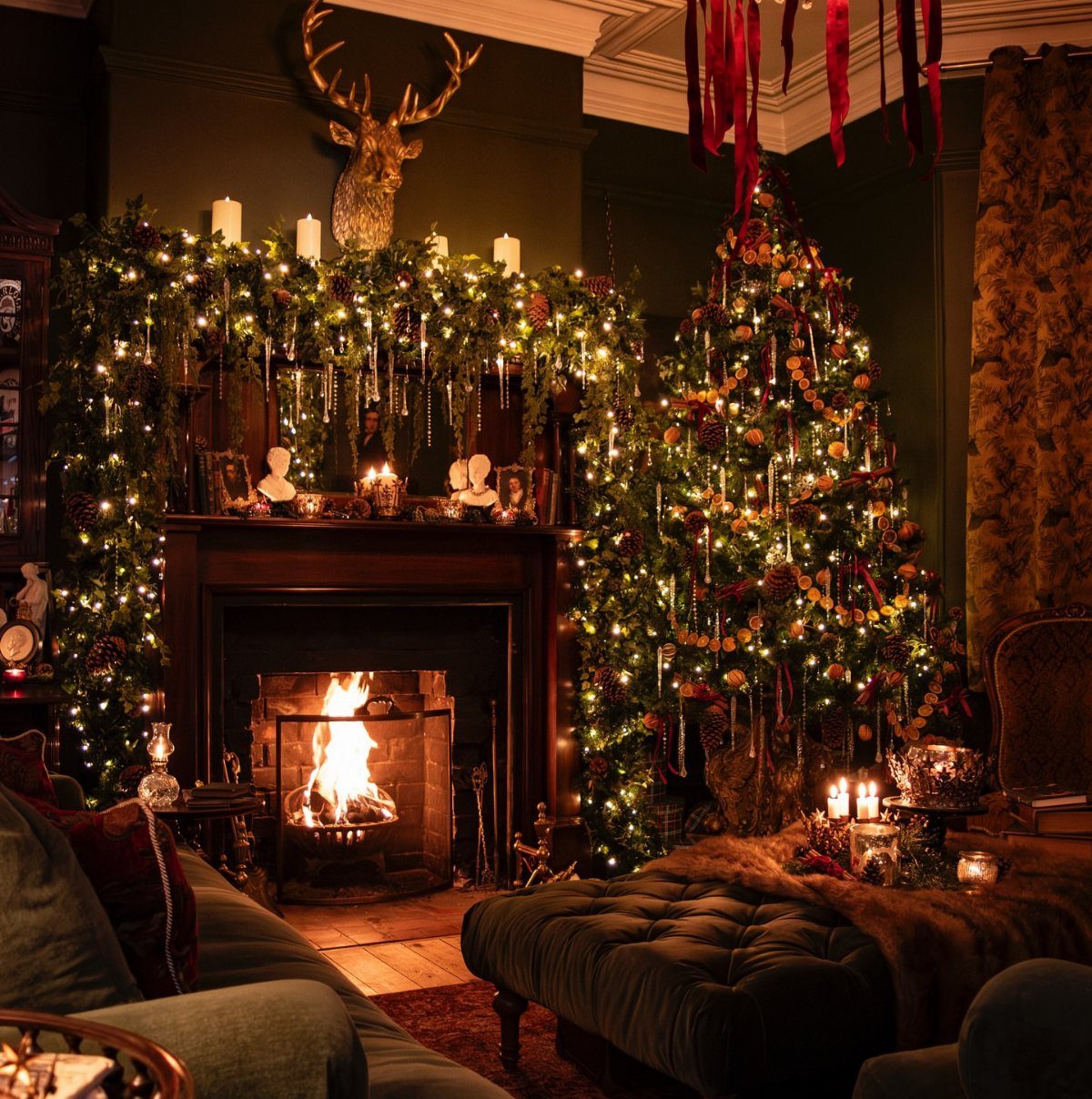 Decorated Christmas tree and lit fireplace in a moody Victorian style living room