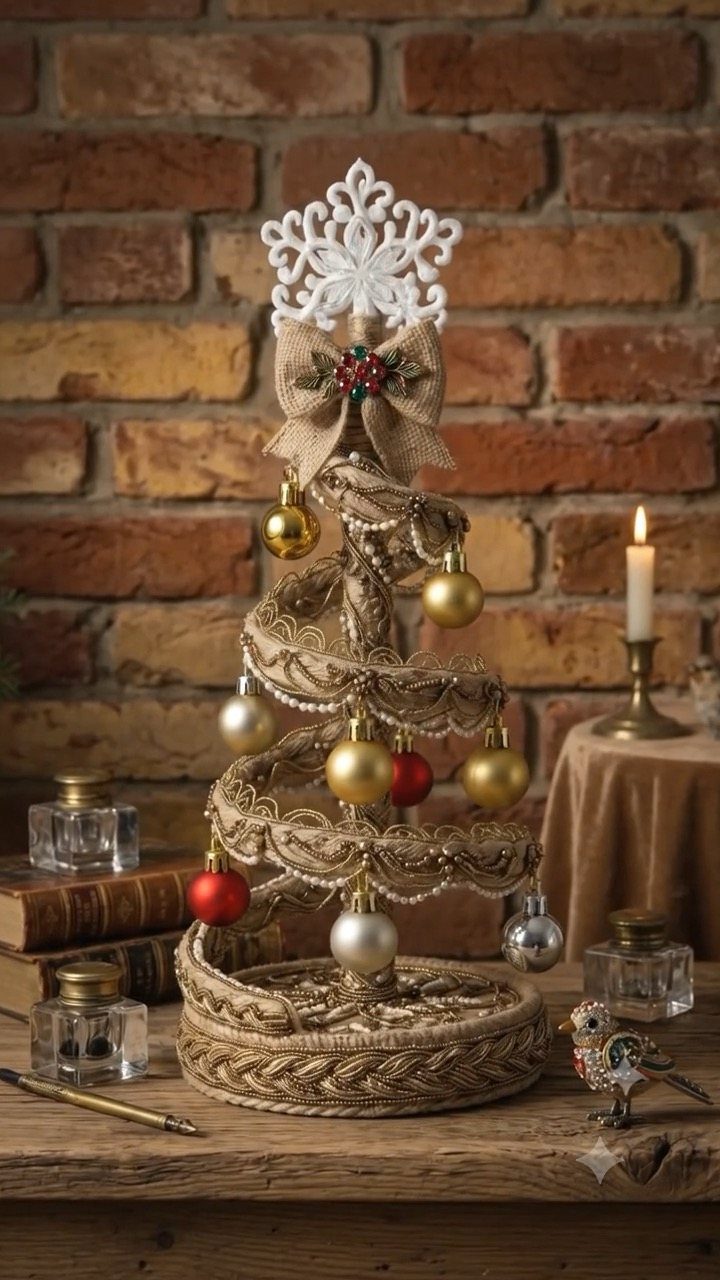 Stylized Christmas tree made of braided gold trim with small colorful ball ornaments.