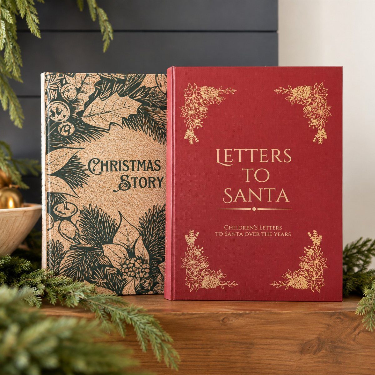 Two vintage-style Christmas books, one red and one tan, resting on wood.