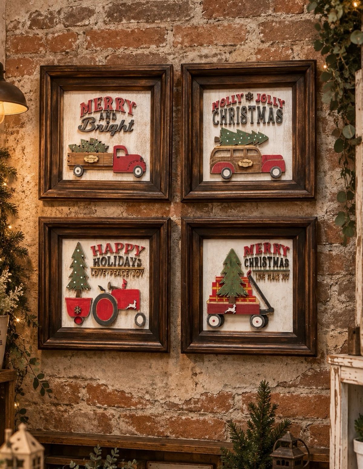 Four framed vintage Christmas signs with red trucks and trees on a brick wall