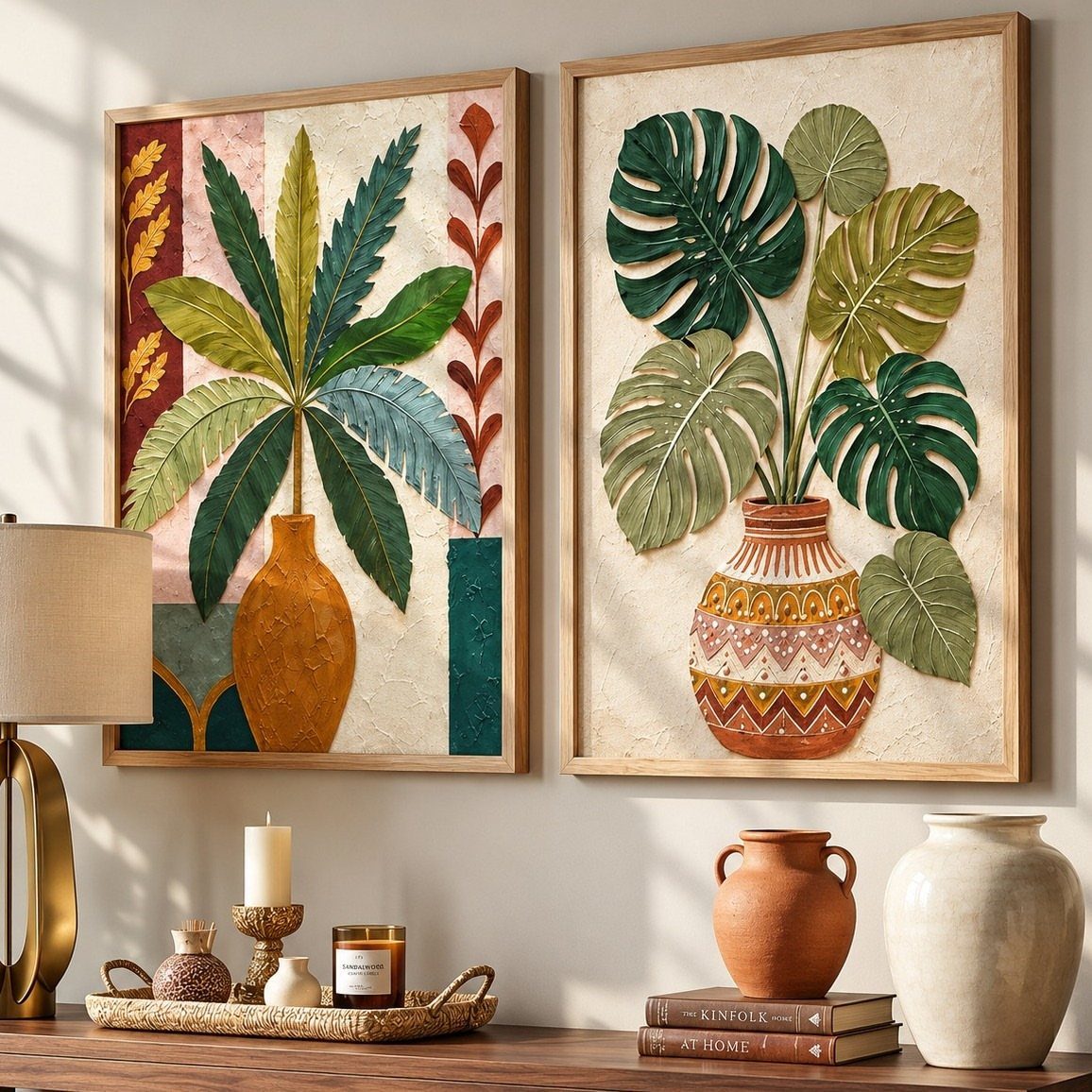 Two framed botanical prints of green leaves in vases above a wooden table.