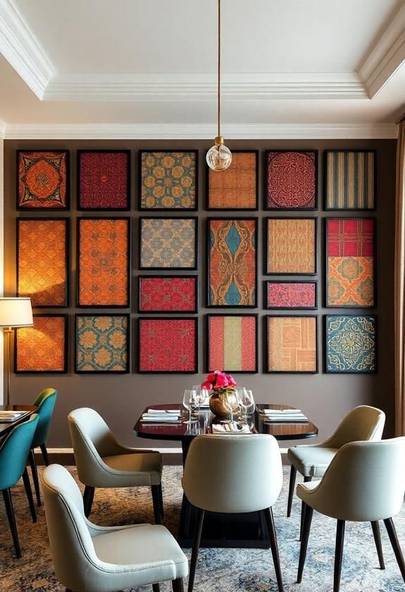 Framed textile art pieces arranged in a grid on a dining room wall.