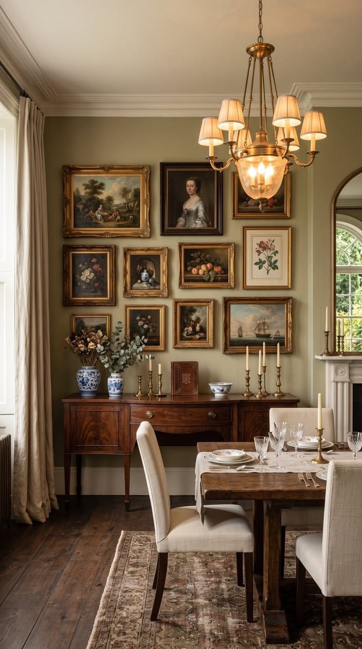 Gallery wall of framed traditional paintings in a classic olive green dining room