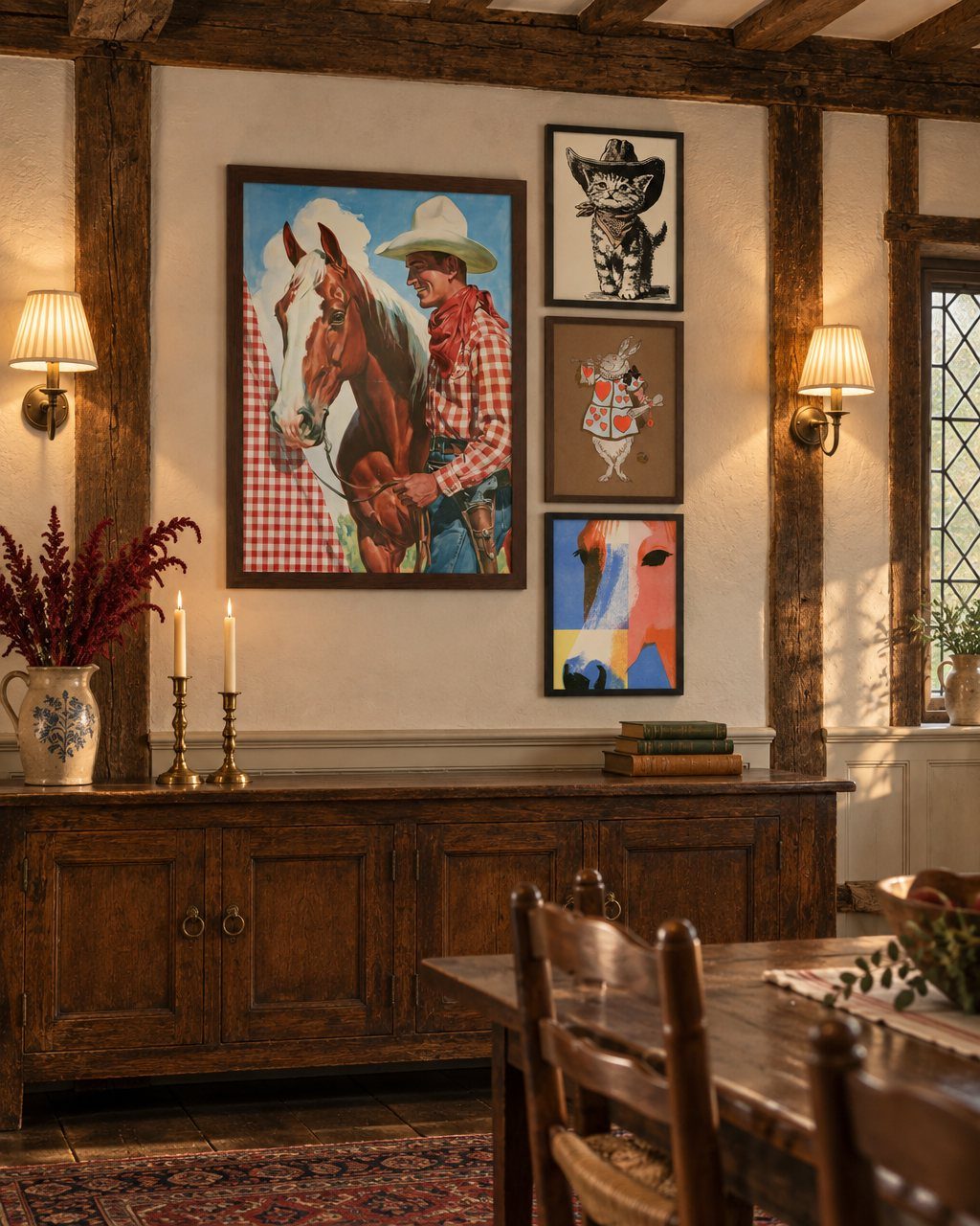 Cowboy and horse paintings hanging on a wall in a rustic dining room