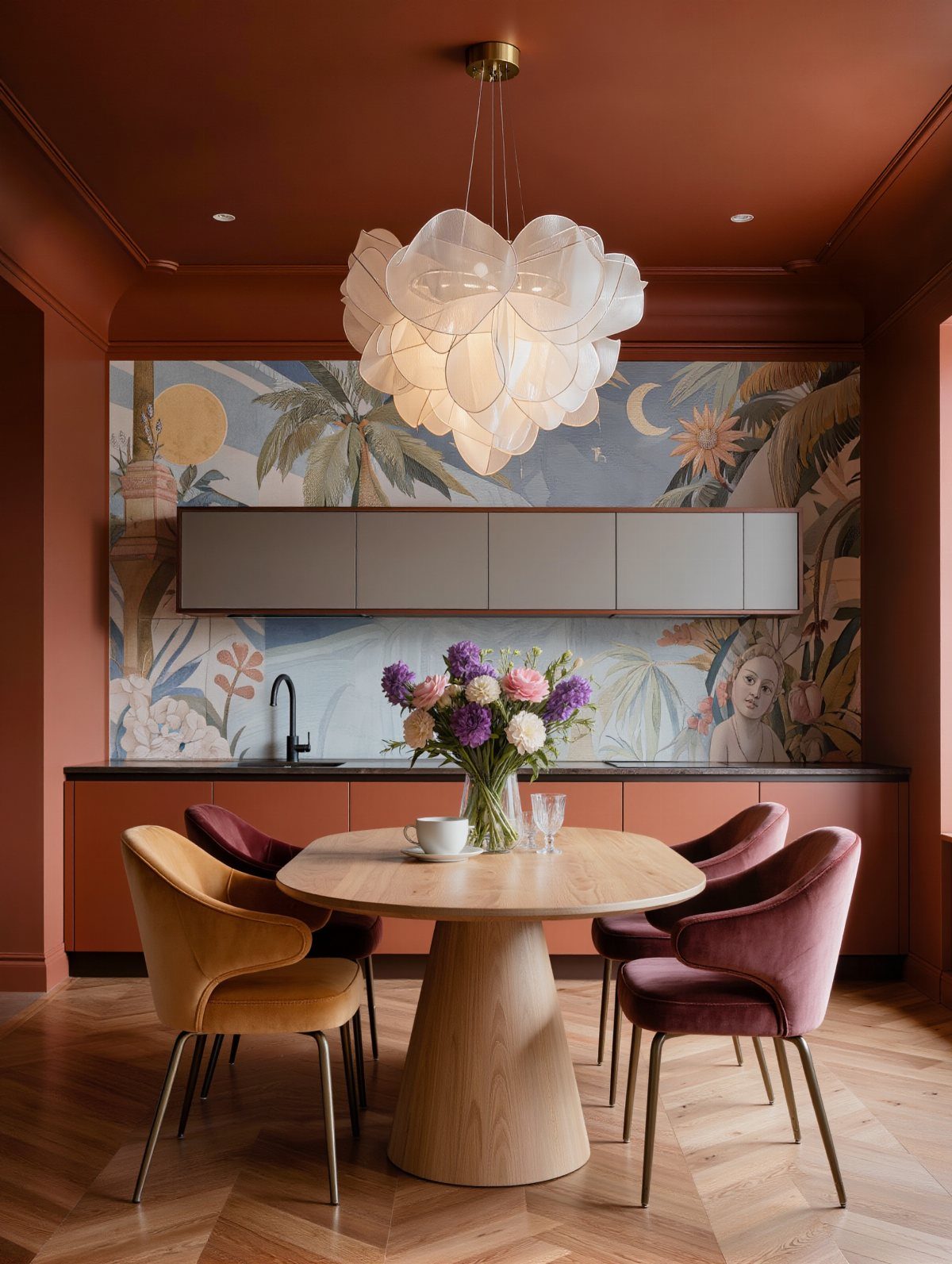 Burnt orange dining room with a round wooden table and colorful velvet chairs.