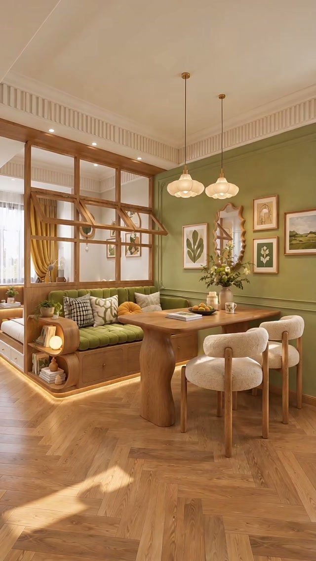 Sage green dining room with wooden table, white chairs, and herringbone floors.