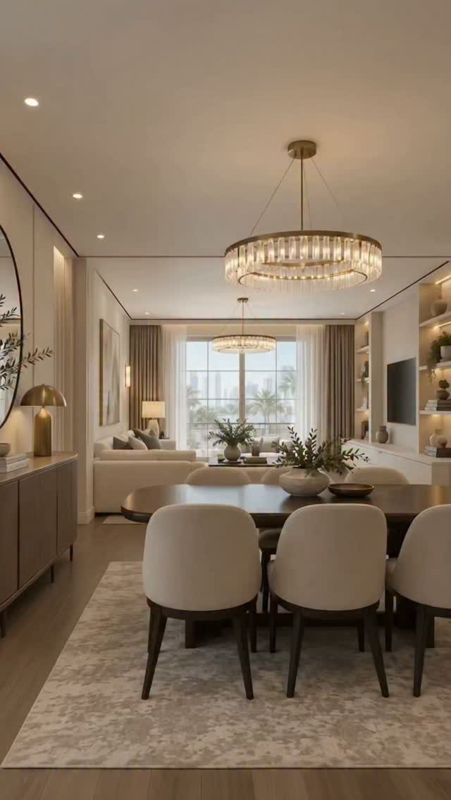 Dining room with beige chairs, dark wood table, and warm neutral cream walls.