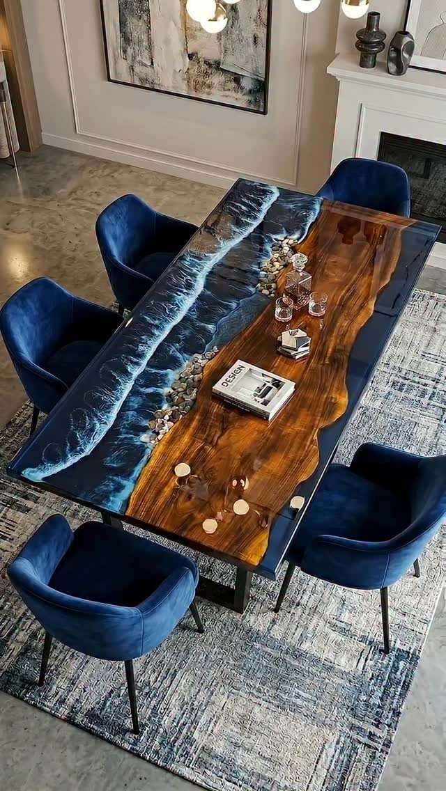 Wood slab dining table with blue epoxy resin river and blue velvet chairs.