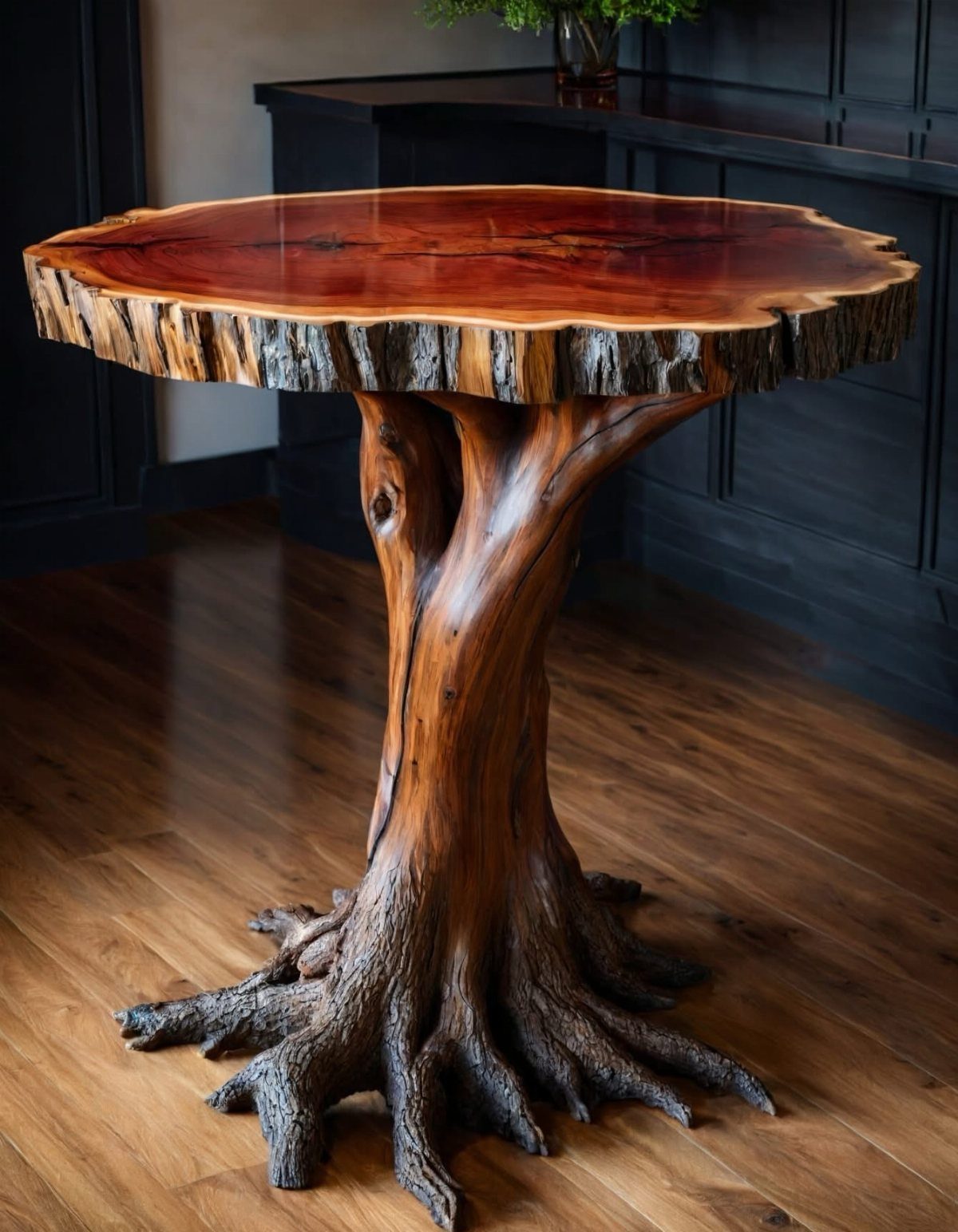 Round live edge wood slab table with a natural tree trunk root base.