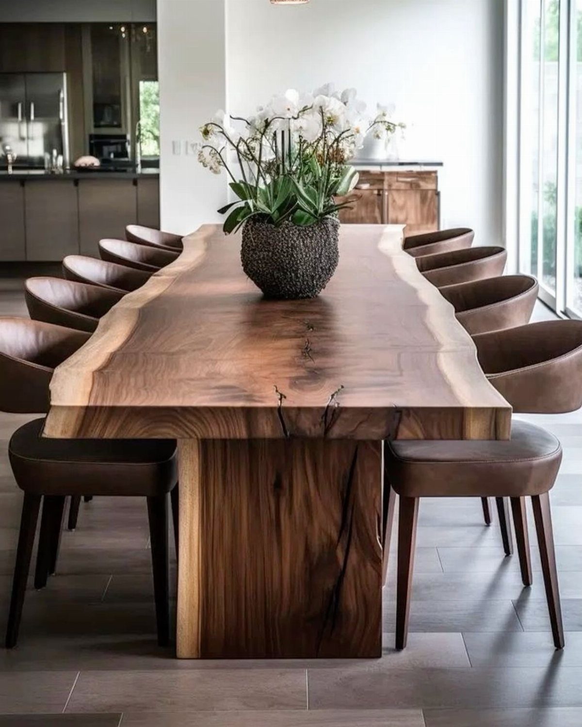 Live-edge wood slab dining table with brown leather chairs and white orchids.