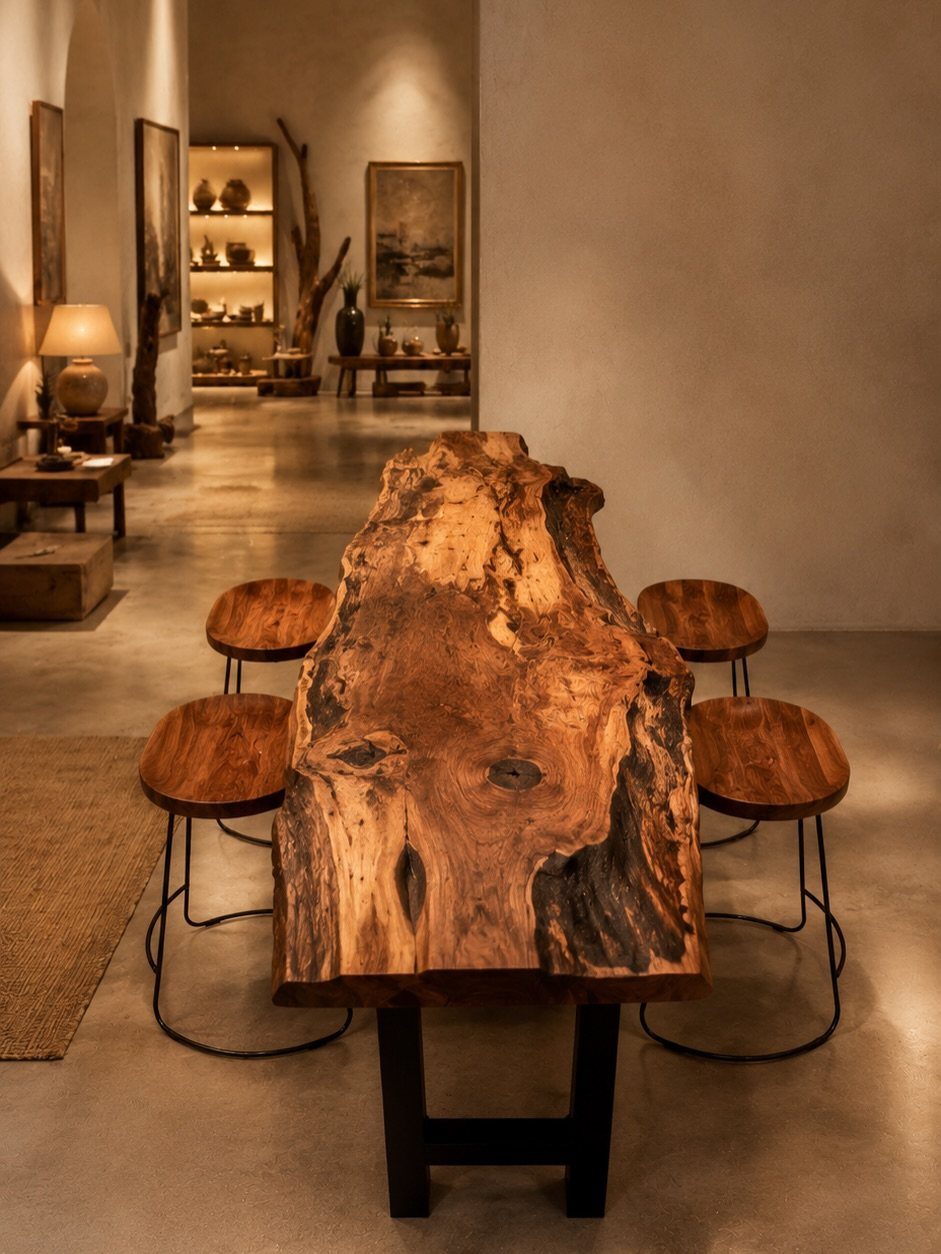 Natural edge wood slab dining table with matching stools in a minimalist room